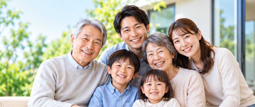 三世代の家族が笑顔で寄り添う様子